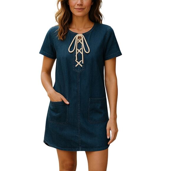 Forever 21 Denim Dress Women Large Blue Lace Up Front Casual Mini Pocket - Picture 1 of 12